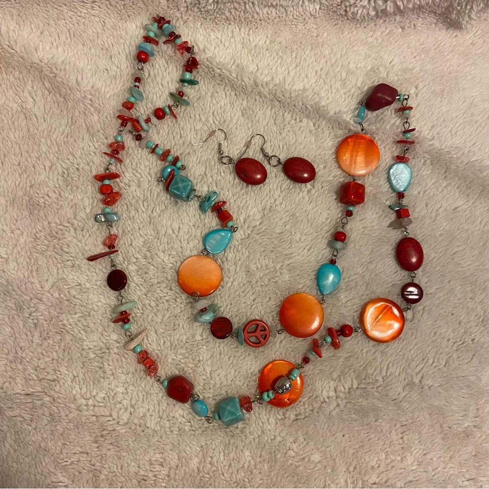 Large beaded necklace with matching earrings
